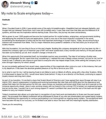 刚刚,Scale AI CEO Alexandr Wang正式官宣:Meta重金投资并挖走了我