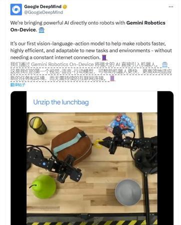 Deepmind推出新一代机器人AI模型:Gemini Robotics On-Device