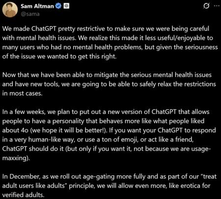 “把成年人当成年人”：Altman亲口确认ChatGPT将开放情色内容